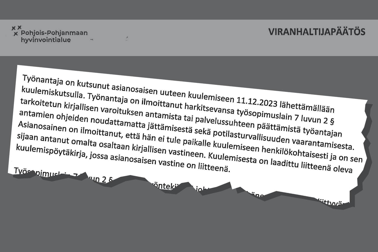 Poiminta päätöksestä, jolla Ala-Aho irtisanottiin.