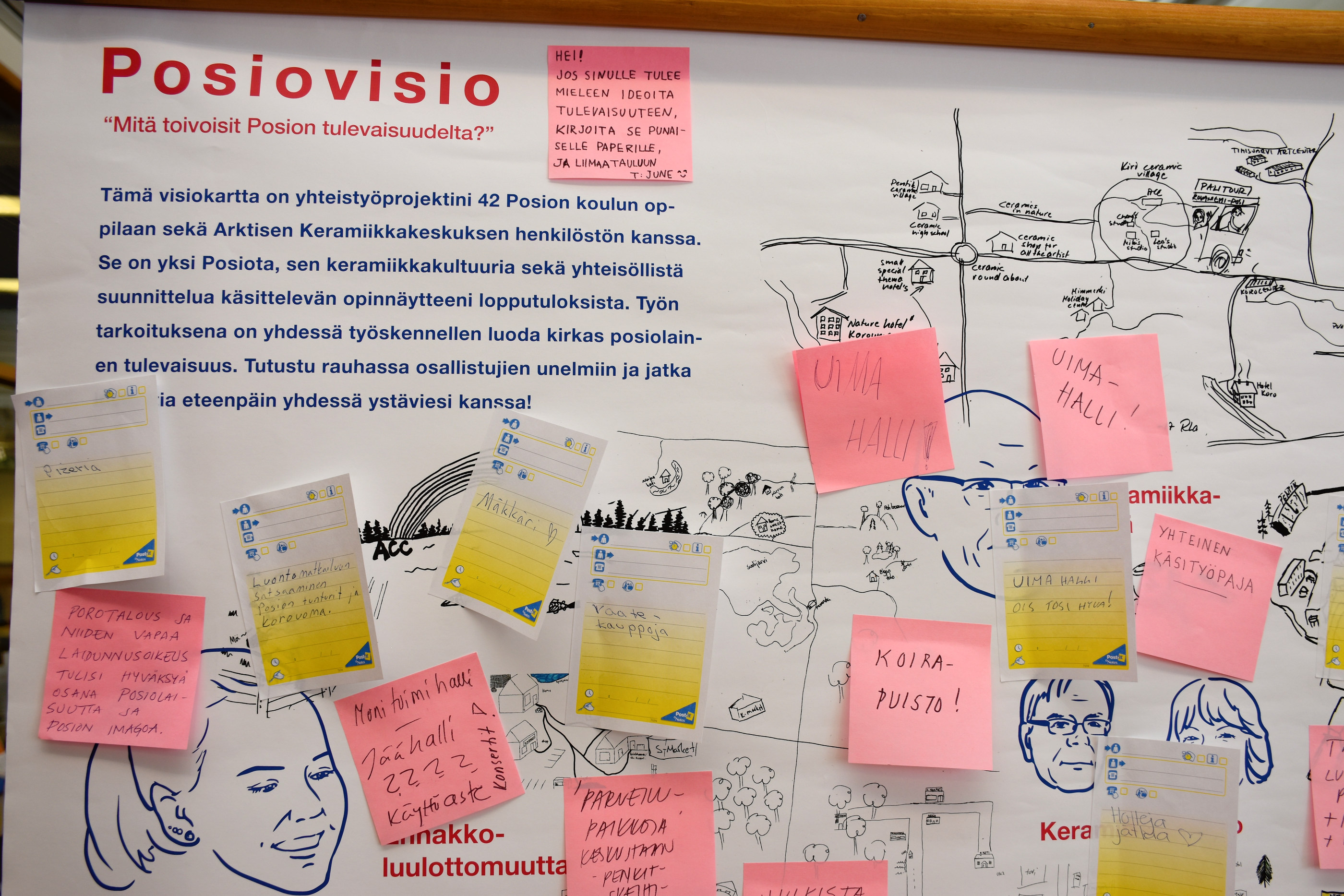 Visiokartassa on jo kymmeniä tarroja, joihin on kirjoitettu toiveita, ideoita, mitä Posiolla pitäisi toteuttaa.