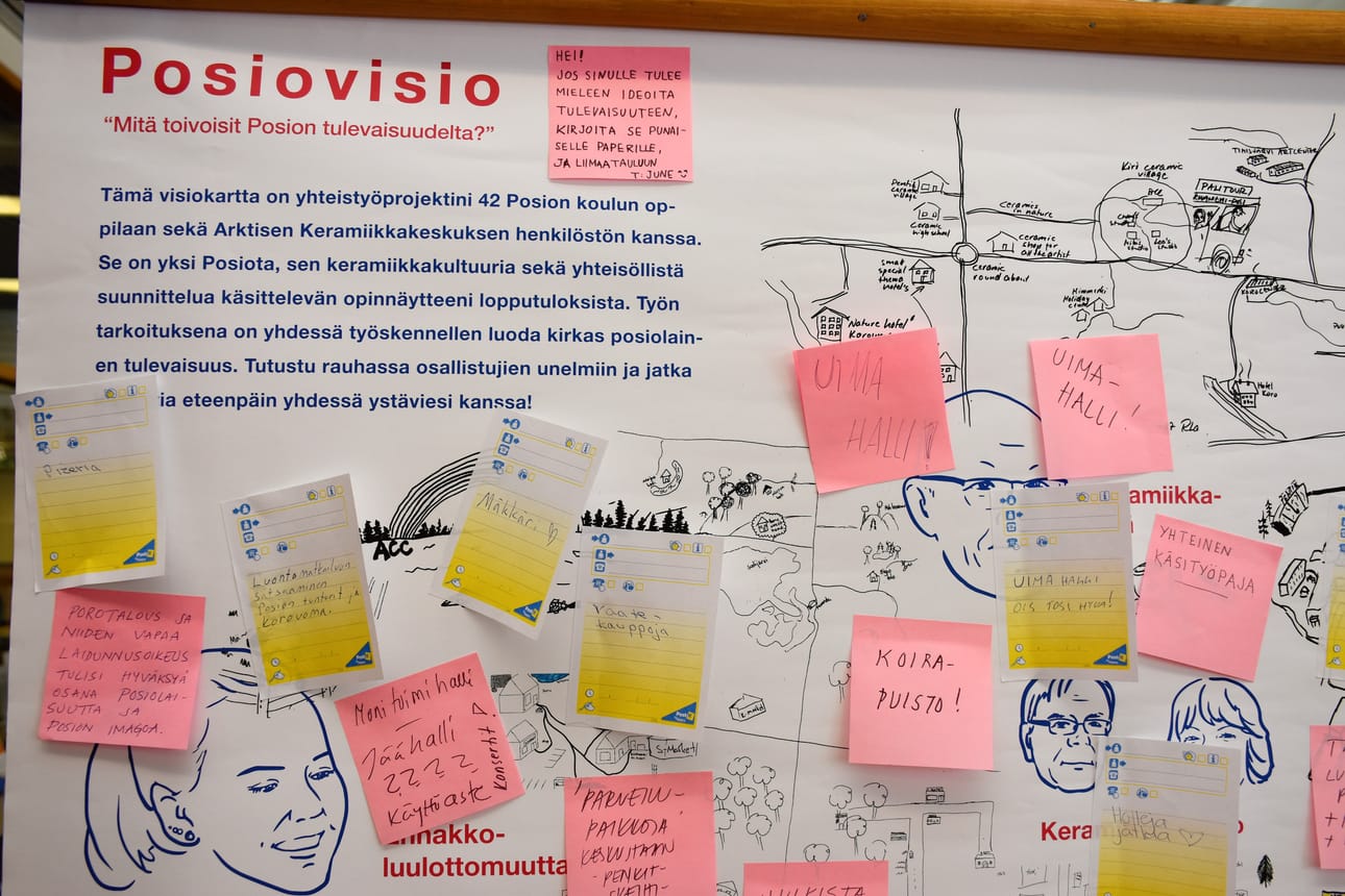 Visiokartassa on jo kymmeniä tarroja, joihin on kirjoitettu toiveita, ideoita, mitä Posiolla pitäisi toteuttaa.