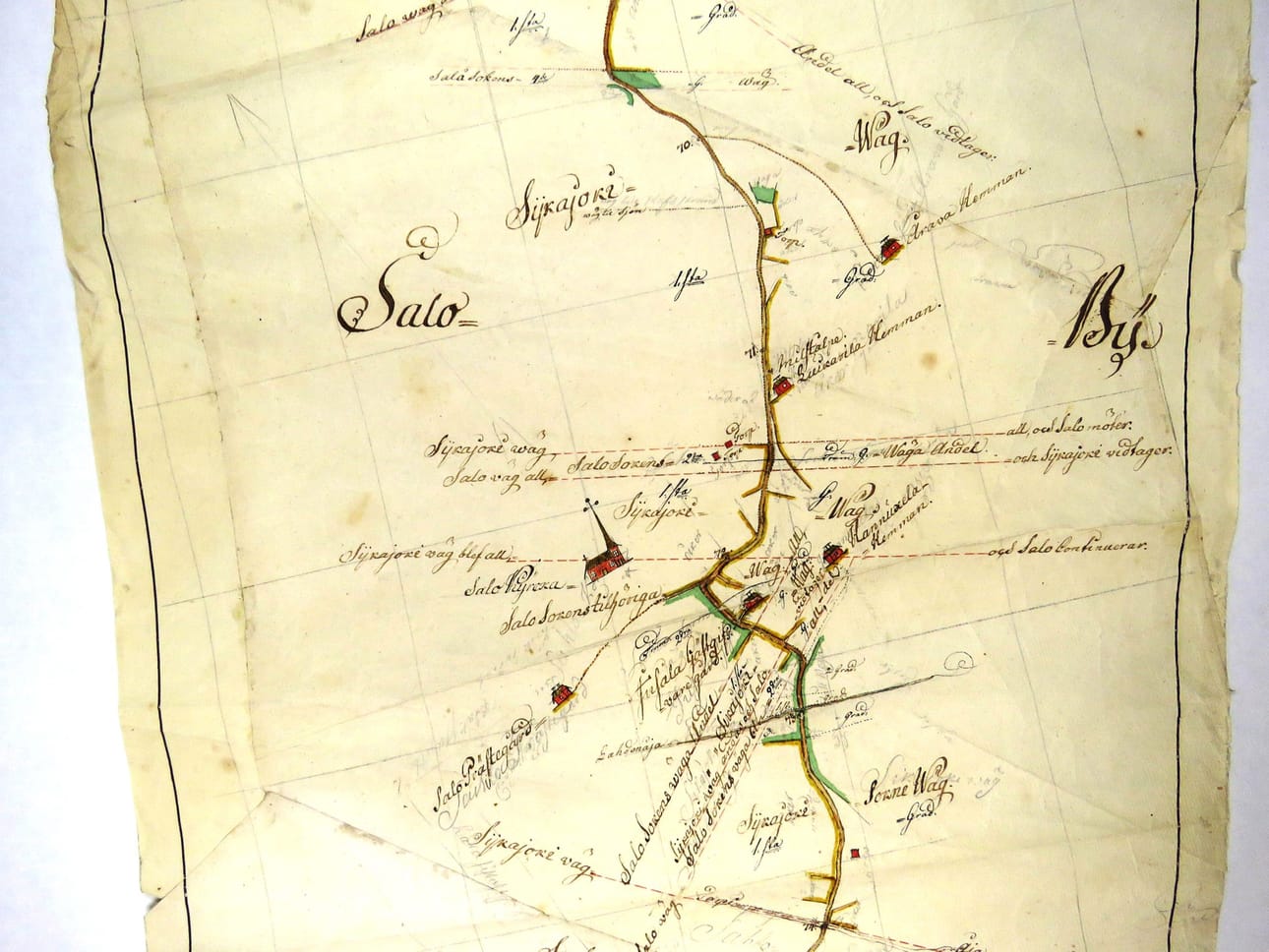 Salon, Saloisten kirkonkylä näkyy tässä otteessa Wallenborgin Rantamaantien kartasta, joka on peräisin vuodelta 1785.