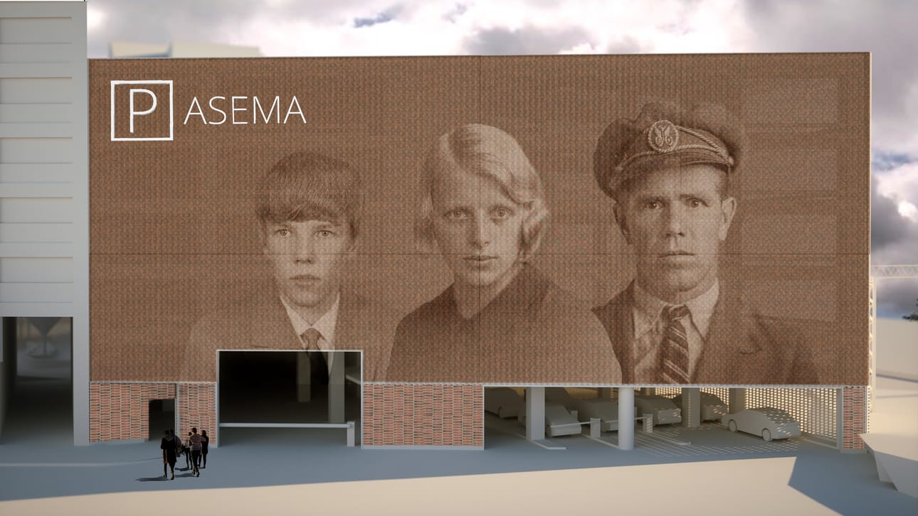 Nämä kasvot katsovat pian kohti kaupunkia. Monumentaalisen julkisivuteoksen on suunnitellut Juhana Moisander.