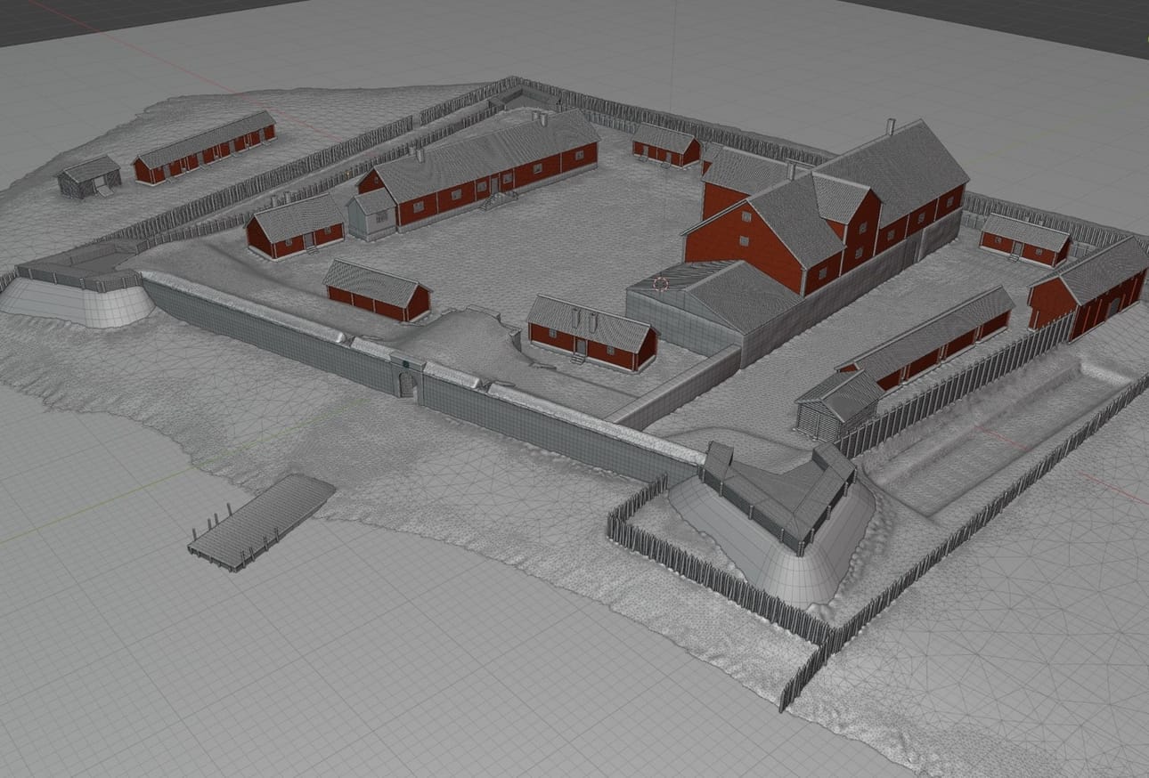 Oulun linna rakennuksineen 1600-luvun lopulla näytti maalaismaiselta pihapiiriltä. Pääsisäänkäynnin maavalliin oli muurattu seinä kivestä ja kolme muuta seinämää olivat hirsisiä. Havainnekuva on tehty 3D-mallinnostekniikalla.