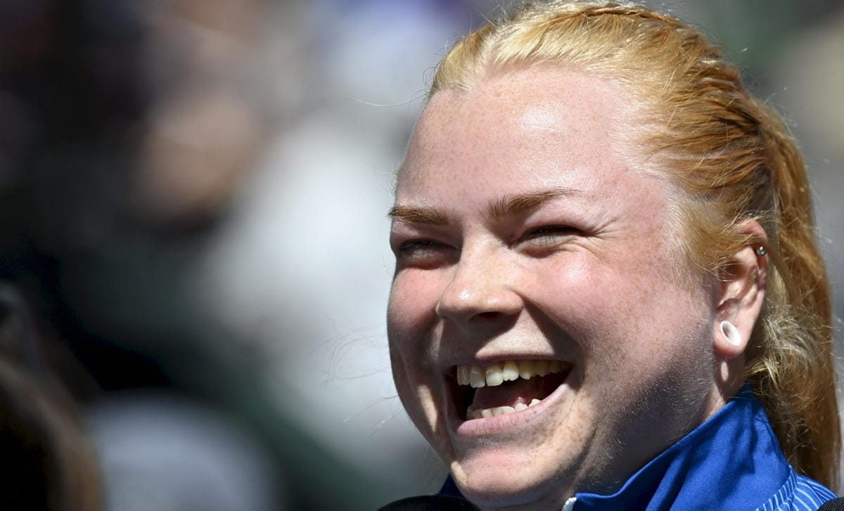 Krista Tervo, 24, kiskaisi Suomen ennätyksen 74,40 jo maaliskuussa Portugalissa. LEHTIKUVA / VESA MOILANEN