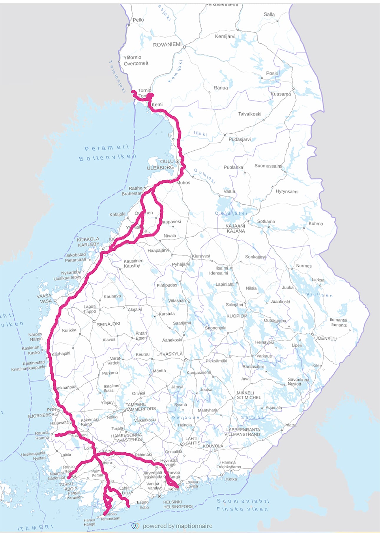 Kartassa näkyvät vedyn siirtoverkon alustavat reittivaihtoehdot.
