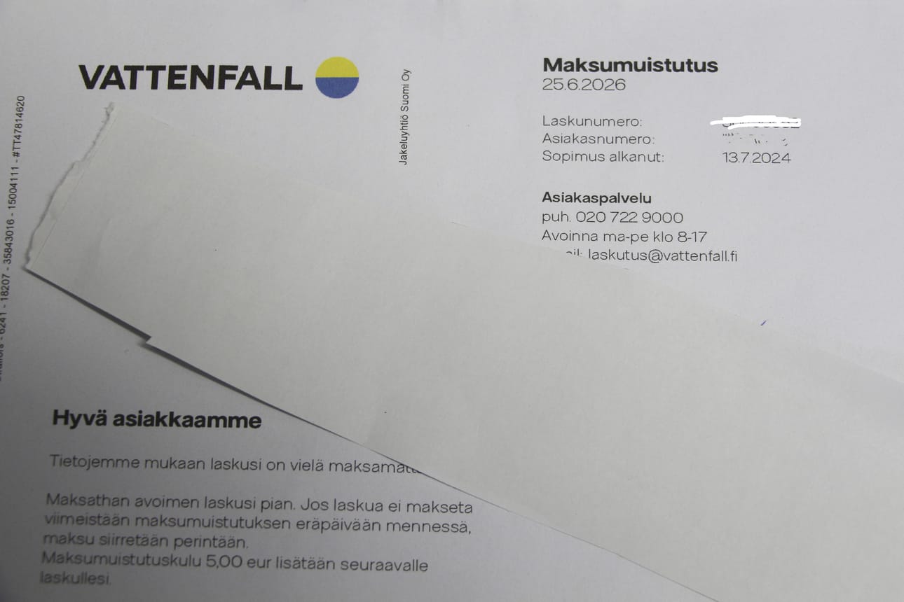 Oulaistelainen ikäihminen järkyttyi, kun sai aiheettoman maksumuistutuksen Vattenfallilta.