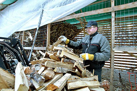 Hiihtokeskusten ympärille rakennetut loma-asunnot lisäävät polttopuiden menekkiä. Raimo Mourujärvi laittaa kuivia koivuja traktorin kauhaan Rukajärvellä.