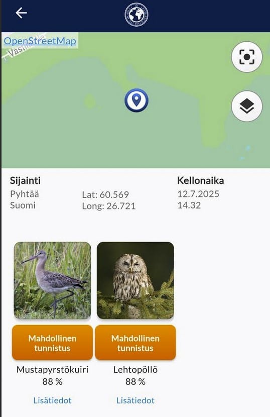Vaikka Muuttolintujen kevät -sovellus on laadukas, sen antamiin vastauksiin ei pidä luottaa sokeasti. Mustapyrstökuirista saatiin tällä retkellä myös näköhavainto, mutta lehtopöllö ei taatusti laulanut helteisenä kesäpäivänä. Sovellus tulkitsi ilmeisesti ihmisten taustaäänet pöllöksi.
