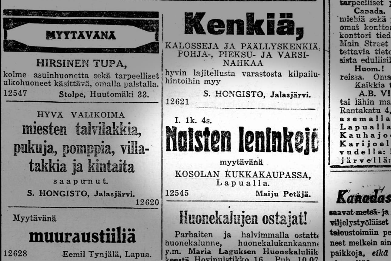 Maiju Petäjä mainosti ompelemiaan naisten leninkejä Vaasa-lehdessä 13.10.1928.