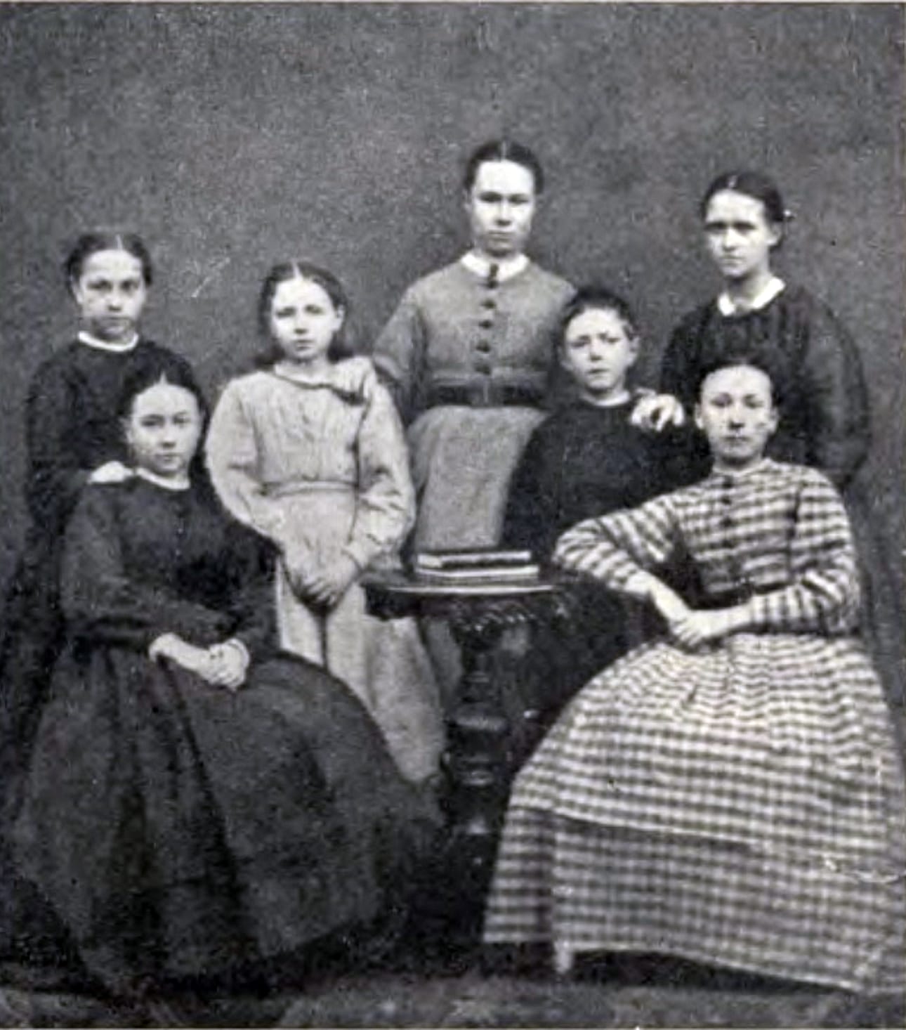 Gustava Ekströmin oppilaita: Anna Lackström. Alma Montin, Karin Montin, Asta Lagerlöf, Ivar Frieman, Tilda Stenman ja Lina Levon. (Lähde: Samuli Paulaharju)