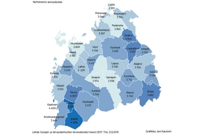 Sosiaali- ja terveydenhuollon tarvevakioidut menot 2017. Nettomenot, euro/asukas.