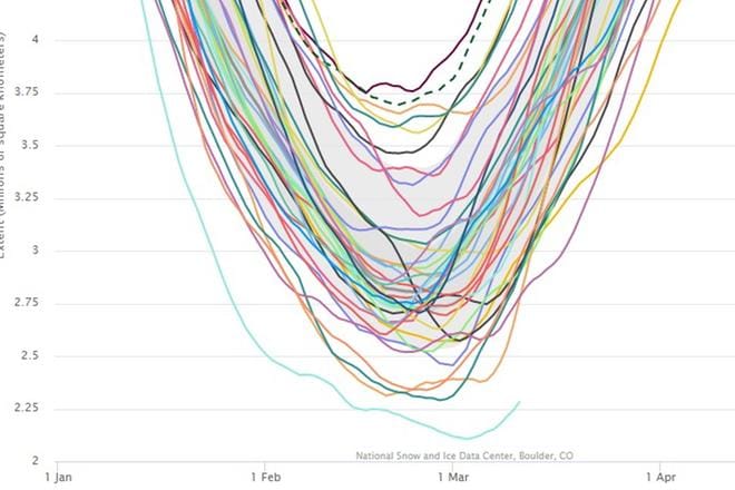 Yhdysvaltalaisen NSIDC-tutkimuslaitoksen julkaisemissa eteläisen merijään satelliittimittauksissa kuluvan vuoden käyrä näkyy alimmaisena. Kuva: Kuvakaappaus