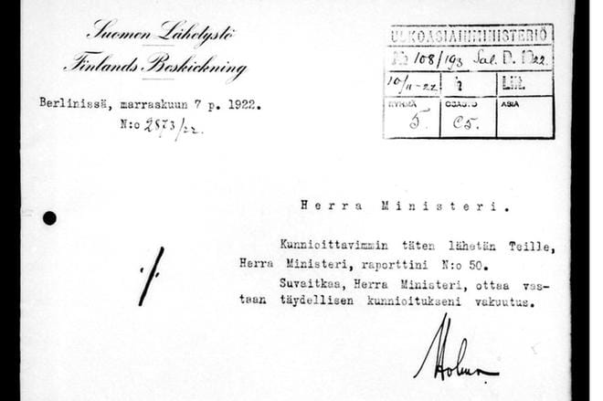 Ulkoministeriön verkkopalvelusta löytyy kaikki Suomen ulkomaanedustustojen raportit vuosilta 1918–1926. Yhteensä palvelussa on noin 36 800 sivua. Sivuilla ei ole varsinaista hakukonetta. Kuvan raportti on Berliinistä vuodelta 1922. KUVA: Ulkoministeriö