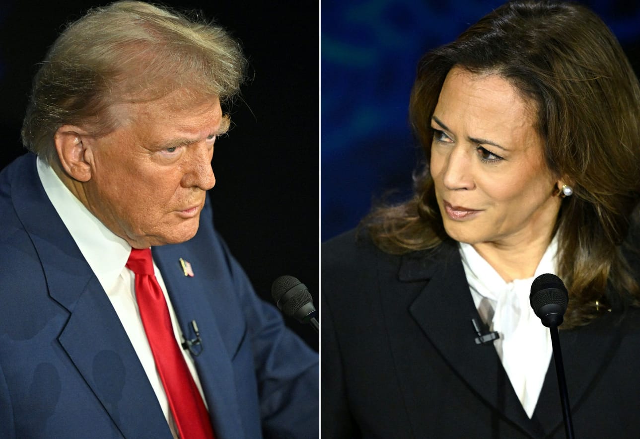 Republikaanien Donald Trump ja demokraattien Kamala Harris ottivat yhteen presidentinvaaliväittelyssä 10. syyskuuta. LEHTIKUVA / AFP