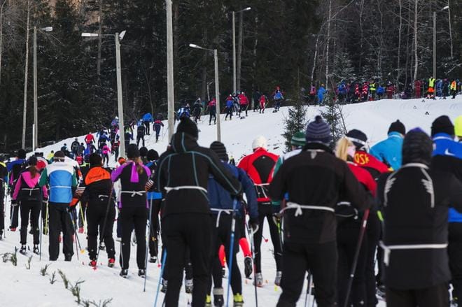 251 hiihtäjää kiersi tänään BotniaVasan 40 kilometrin reitin Vöyrin hiihtokeskuksen maisemissa. Kuva: Jarno Pellinen