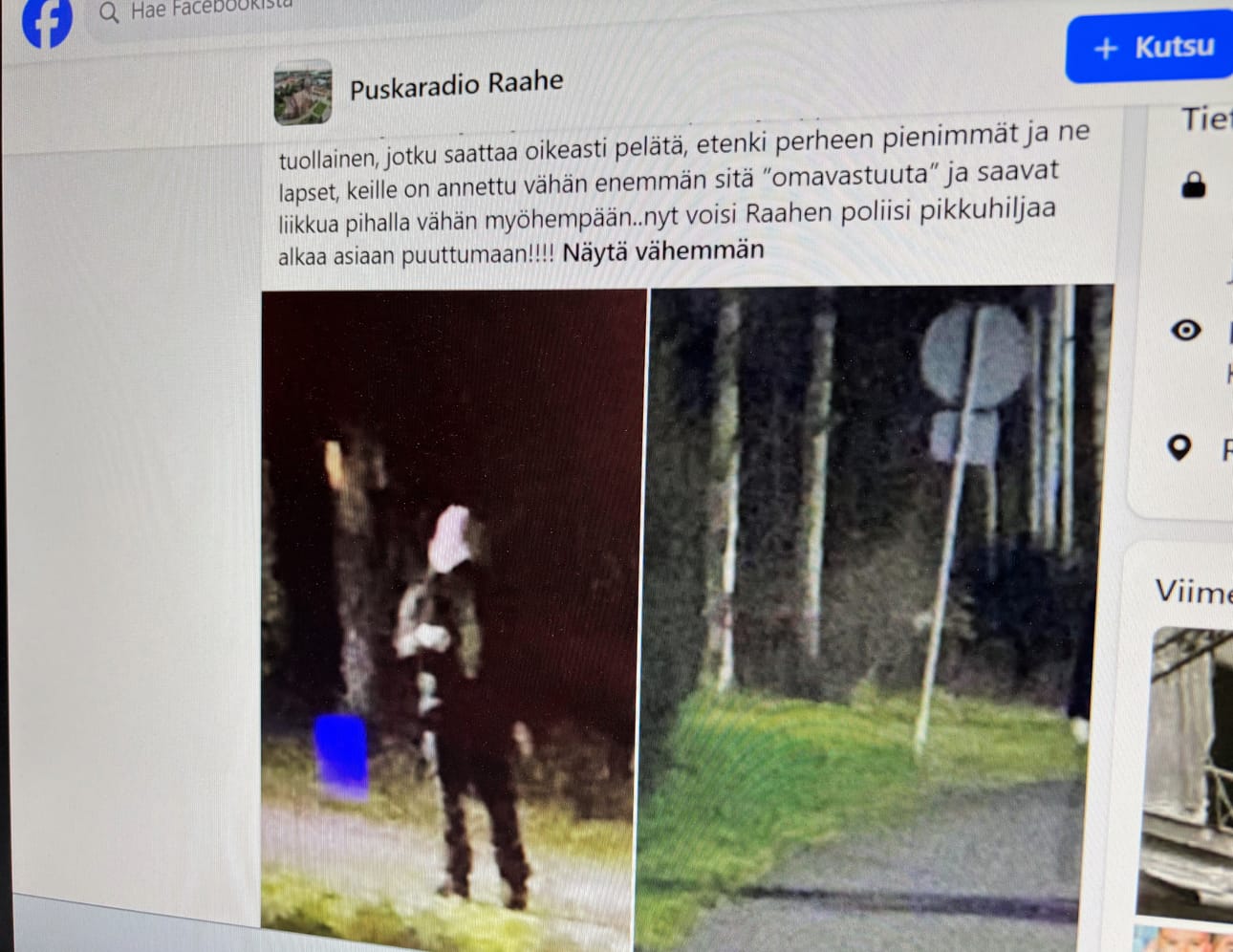 Tämä kuvakaappaus on otettu Facebookista Puskaradio Raahesta. Nimettömänä tehty päivitys kissahahmosta ilmestyi sinne viime perjantaina.