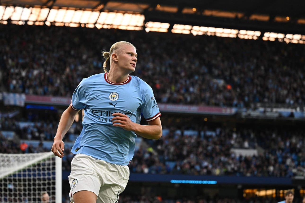 Borussia Dortmundista Cityyn siirtynyt Haaland iski hattutempun myös edellisessä ottelussa. LEHTIKUVA/AFP