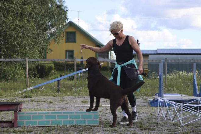 Ohjaaja Tiina Koski näyttää mallia Kosti-koiransa kanssa. KUVAT: RIIKKA ILMONEN