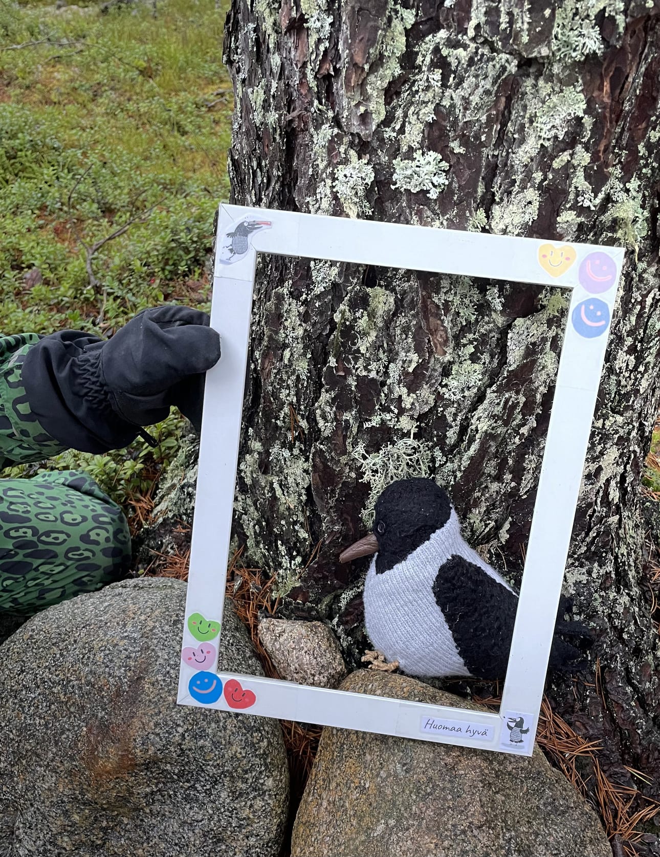 Retkellä otettiin myös valokuvia Huomaa hyvä -kehyksiä apuna käyttäen.