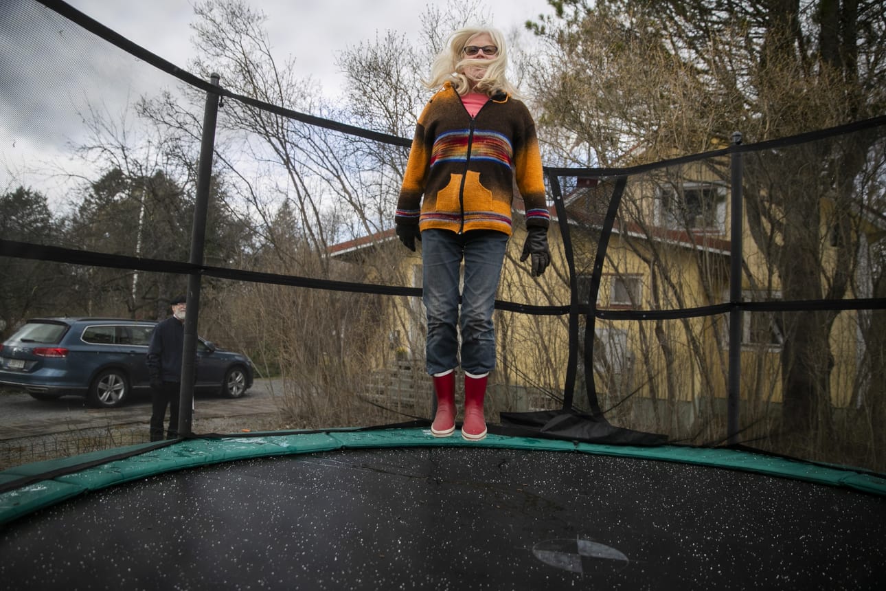 City of Tampere is set to open outdoor sports facilities for individuals and teams. Meanwhile Riitta Kurkijärvi, 70 plus, has been keeping in shape in her own backyard, bouncing on a trampoline.