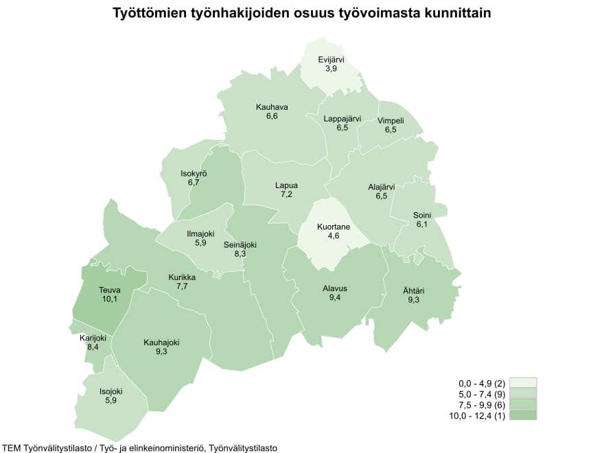 Etelä-Pohjanmaalla vähiten työttömiä on tuoreen tilaston mukaan Evijärvellä.