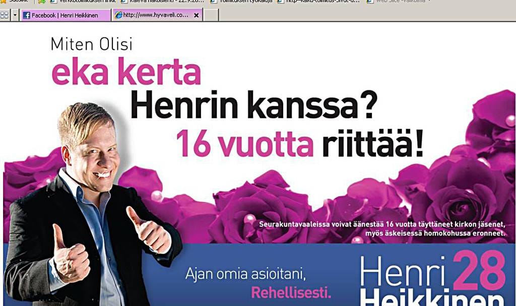 Oululainen kokoomusnuori Henri Oululainen Henri Heikkinen pyrkii Tuiran seurakunnan seurakuntaneuvostoon ja Oulun yhteiseen kirkkovaltuustoon kaksimielisellä vaalimainoksella.