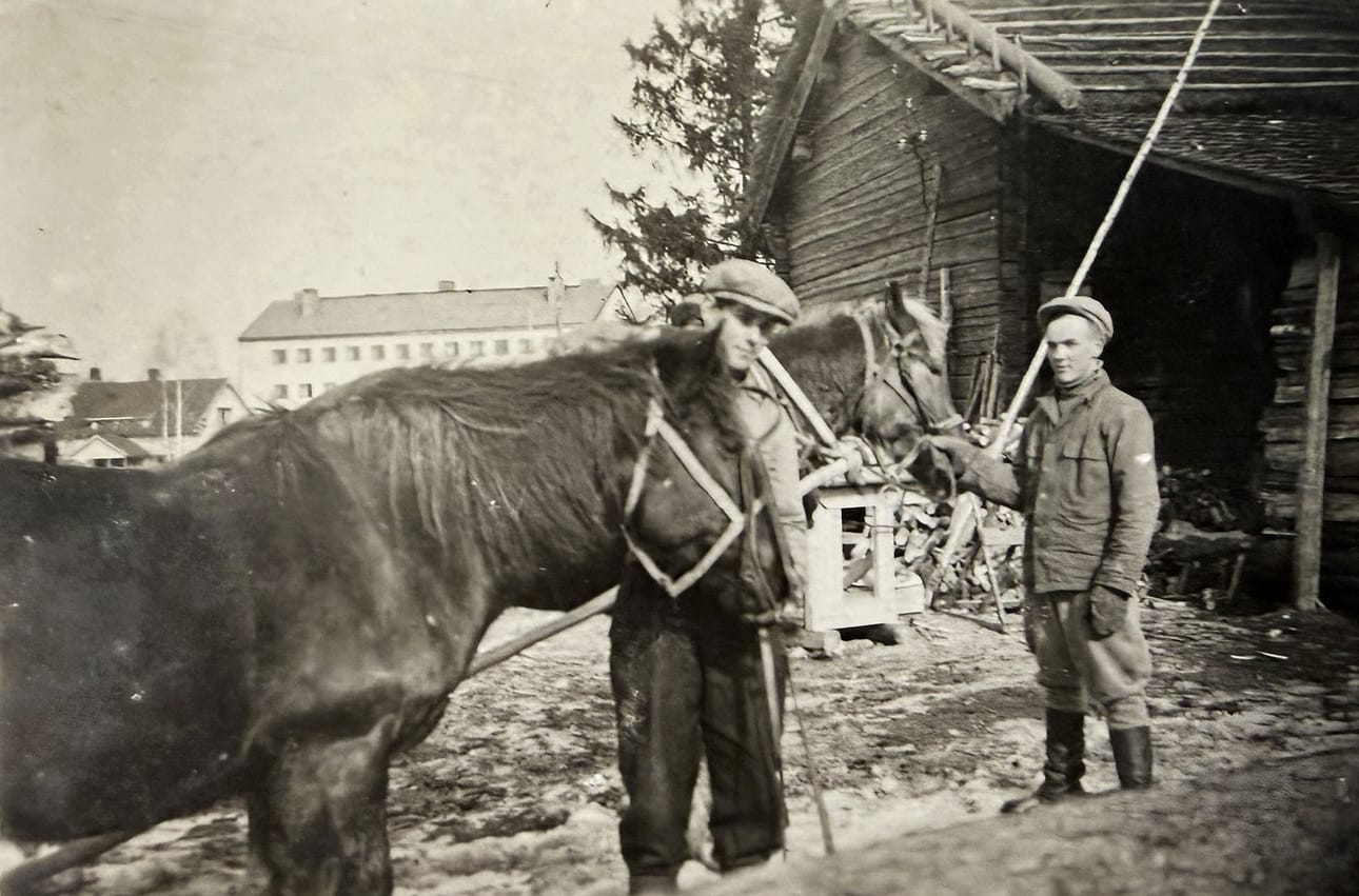 Hevoset Linta (vas.) ja Peku sekä Matti Koivunen (vas.) ja Mäkelän sukulaispoika Mäkelän riihen luona 1940-luvun lopulla. Taustalla näkyy yksi VR:n kasarmitaloista, jotka toimivat rautatieläisten asuntoina Seinäjoella.