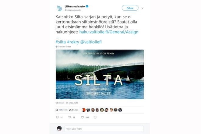 Liikenneviraston rekrytointi-ilmoitus herätti Twitterissä myönteistä huomiota. KUVA: Kuvakaappaus Facebook-päivityksestä