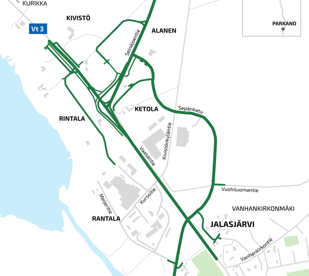 Havainnekuvassa parannettavat osuudet on merkitty vihreällä.