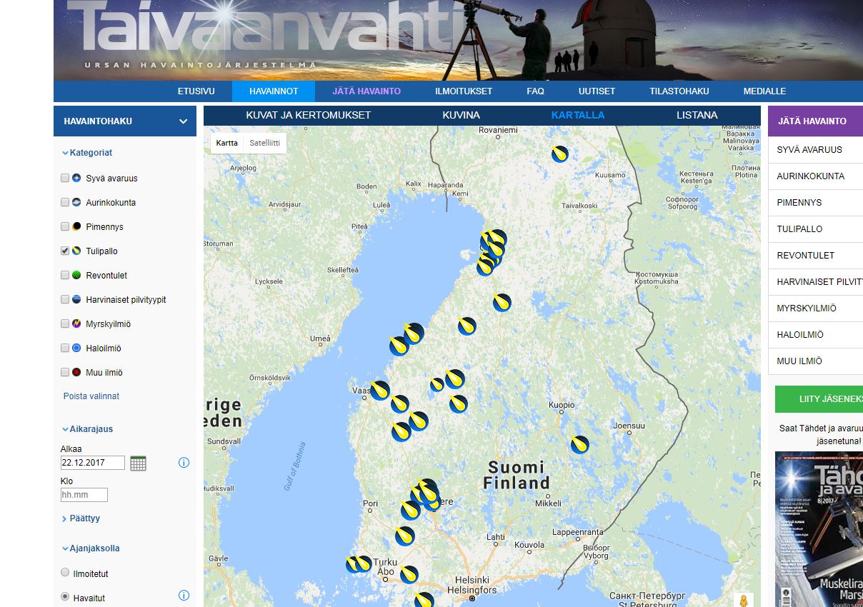 Taivaanvahti-sivulla näkyy, mistä kaikkialta tulipallosta tehtiin havaintoja.