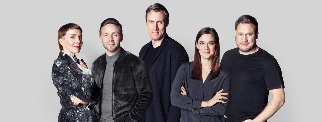 Maria Veitola, Reino Nordin, Marko Anttila, Krista Kosonen ja Samuli Edelmann tukevat joulukeräystä.