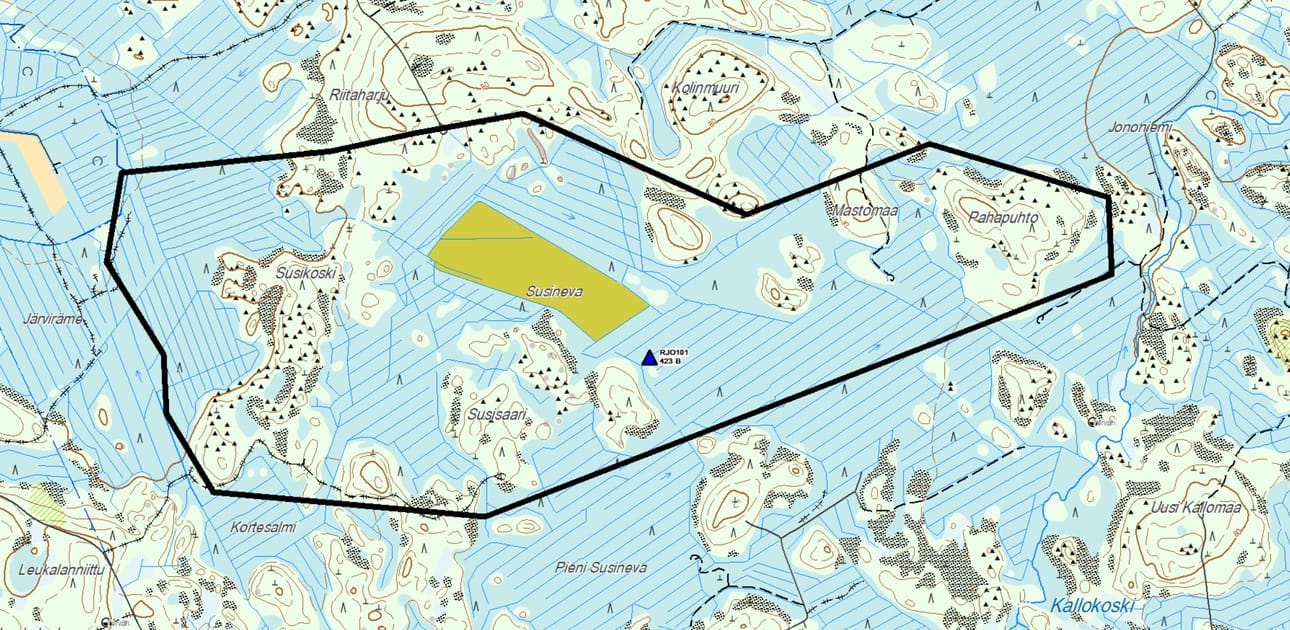 Kartta kertoo Kalajoen maasto- ja metsäpaloalueen. Jokilaaksojen pelastuslaitoksen mukaan palon syttymisalue on tämän hetkisen tiedon mukaan karttanimen ”Mastomaa” länsipuolella.