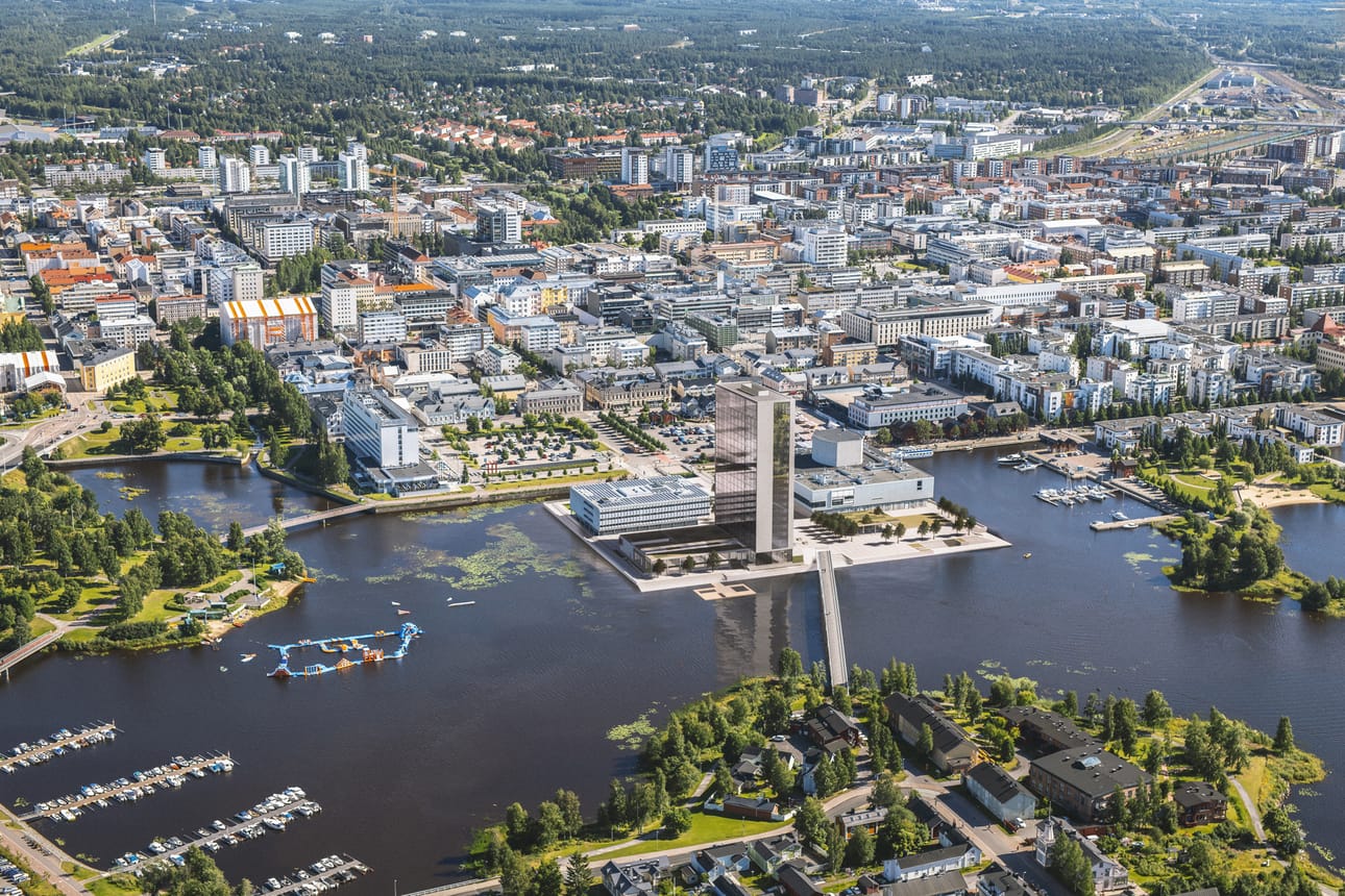 Vänmanninsaaren tornihotellin rakentamisen on tarkoitus alkaa syksyllä 2026. Havainnekuvassa hotelli tulevassa sijainnissaan.