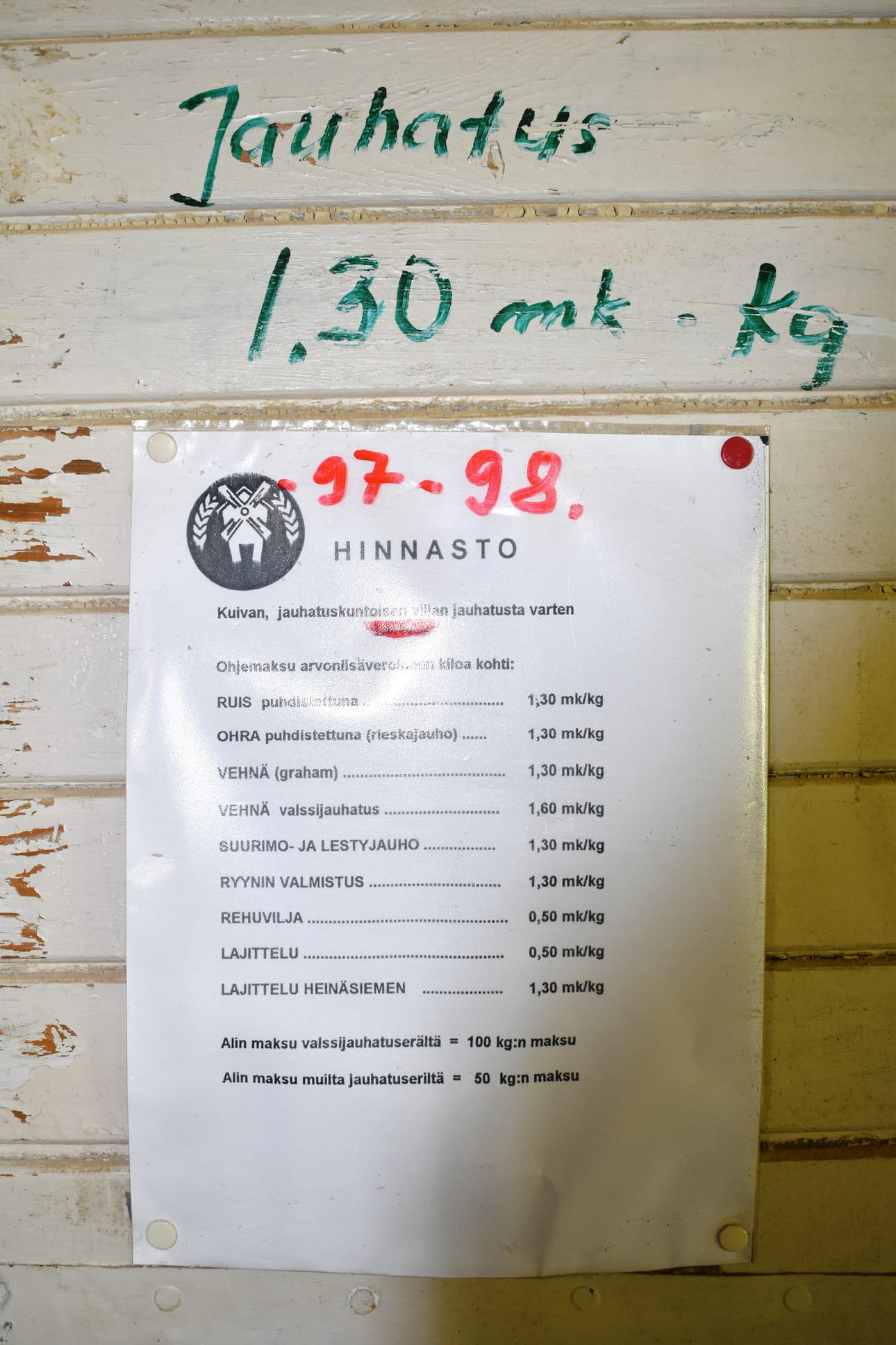 Hinnasto myllyn viimeiseltä toimintavuodelta.