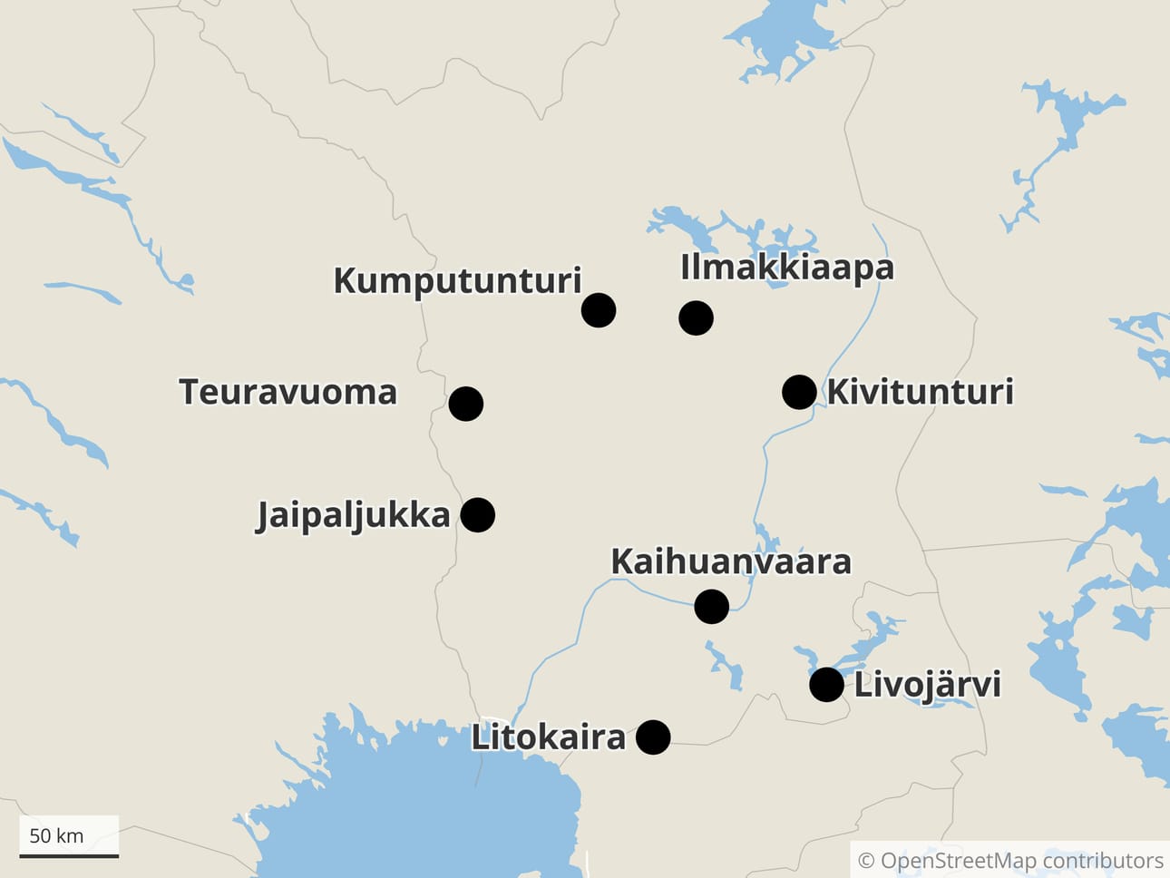 Kartassa näkyvät tämän hetkiset selvityksen alaiset retkikohteet Lapissa.