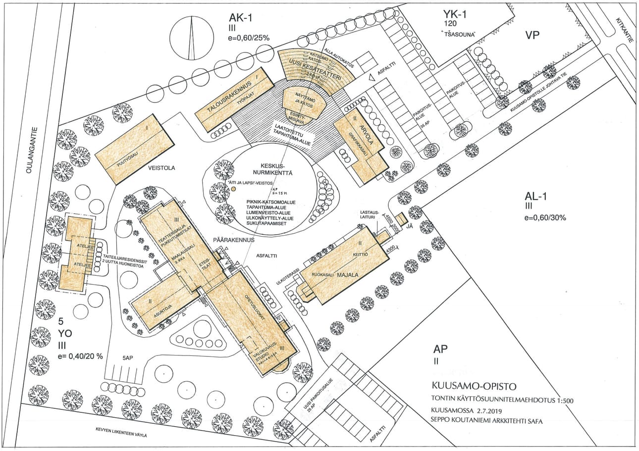 Seppo Koutaniemen tekemä Kuusamo-opiston tontin käyttösuunnitelmaehdotus. Ehdotuksessa myös uusi kesäteatteri on sijoitettu Kuusamo-opiston pihaan. Koutaniemi ei saanut toimeksiantoa suunnitelman tekemisestä, vaan hän ryhtyi siihen omasta mielenkiinnostaan.