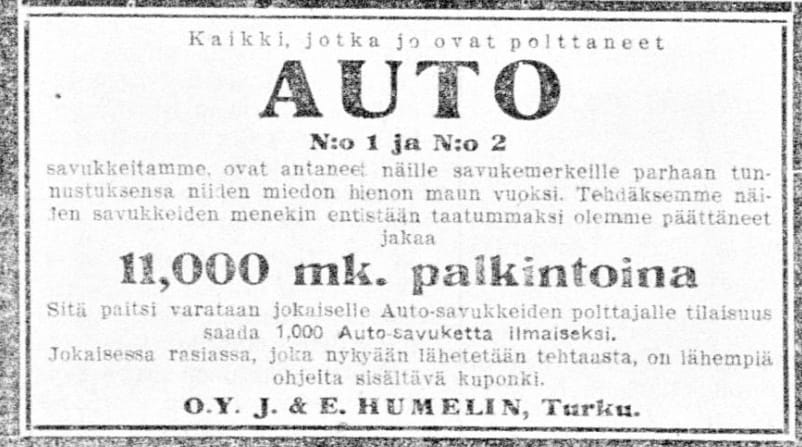 Lisätäkseen Auto-merkkisen savukkeen menekkiä lanseerasi turkulainen liike kampanjan.