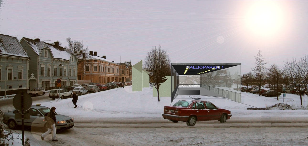 Oulun kaupungin teettämä havainnekuva Autorantaan tulevasta kallioparkin rampista.