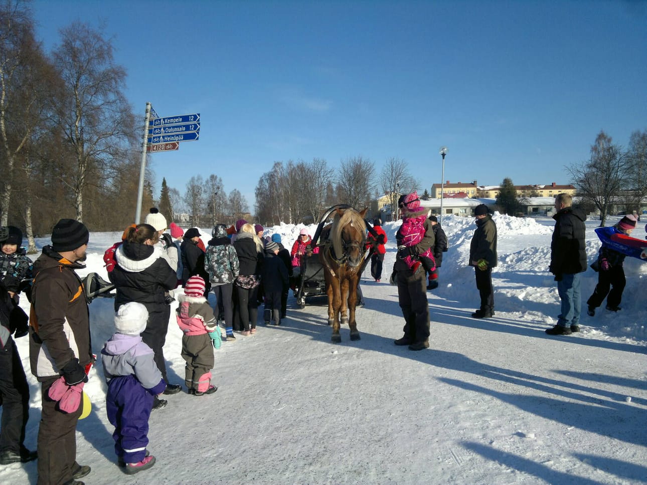 Hollihaassa vietetään talviriehaa. Hevosajelulle halukkaita on jonoksi asti.