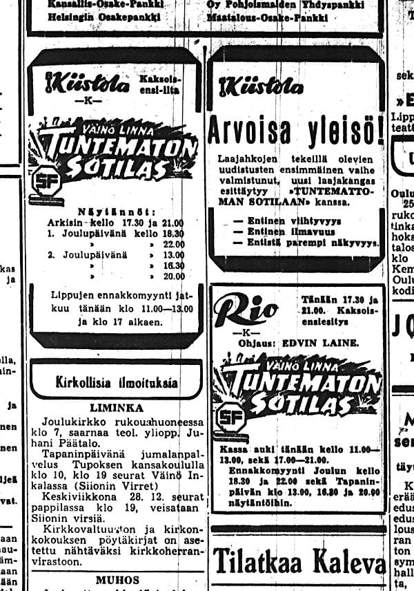 Tuntematon sotilas-elokuvan ensi-iltaa odotettiin innolla myös Oulussa. Ilmoitukset Kalevasta 23.12.1955.