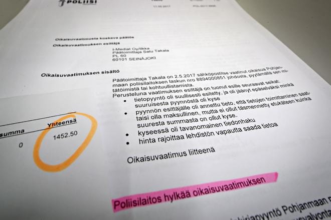 Pohjanmaan poliisilaitos hylkäsi I-Medioiden laskusta tekemän oikaisuvaatimuksen. Päätökseen voi hakea muutosta Vaasan hallinto-oikeudesta. KUVA: KARI LÖFHJELM