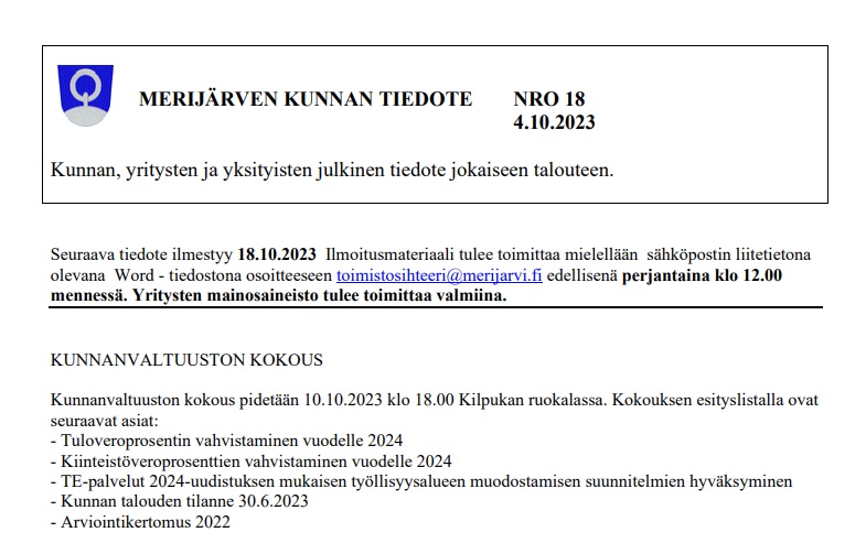 Merijärvi vaihtaa Kuntatiedotteen jakajan
