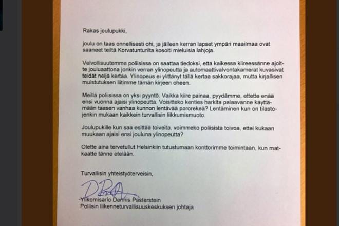 Liikenneturvallisuuskeskuksen johtaja Dennis Pasterstein julkaisi Twitter-tilillään kuvan kirjeestä, joka on aikeissa lähettää Korvatunturille. KUVA: Dennis Pasterstein/Ruutukaappaus