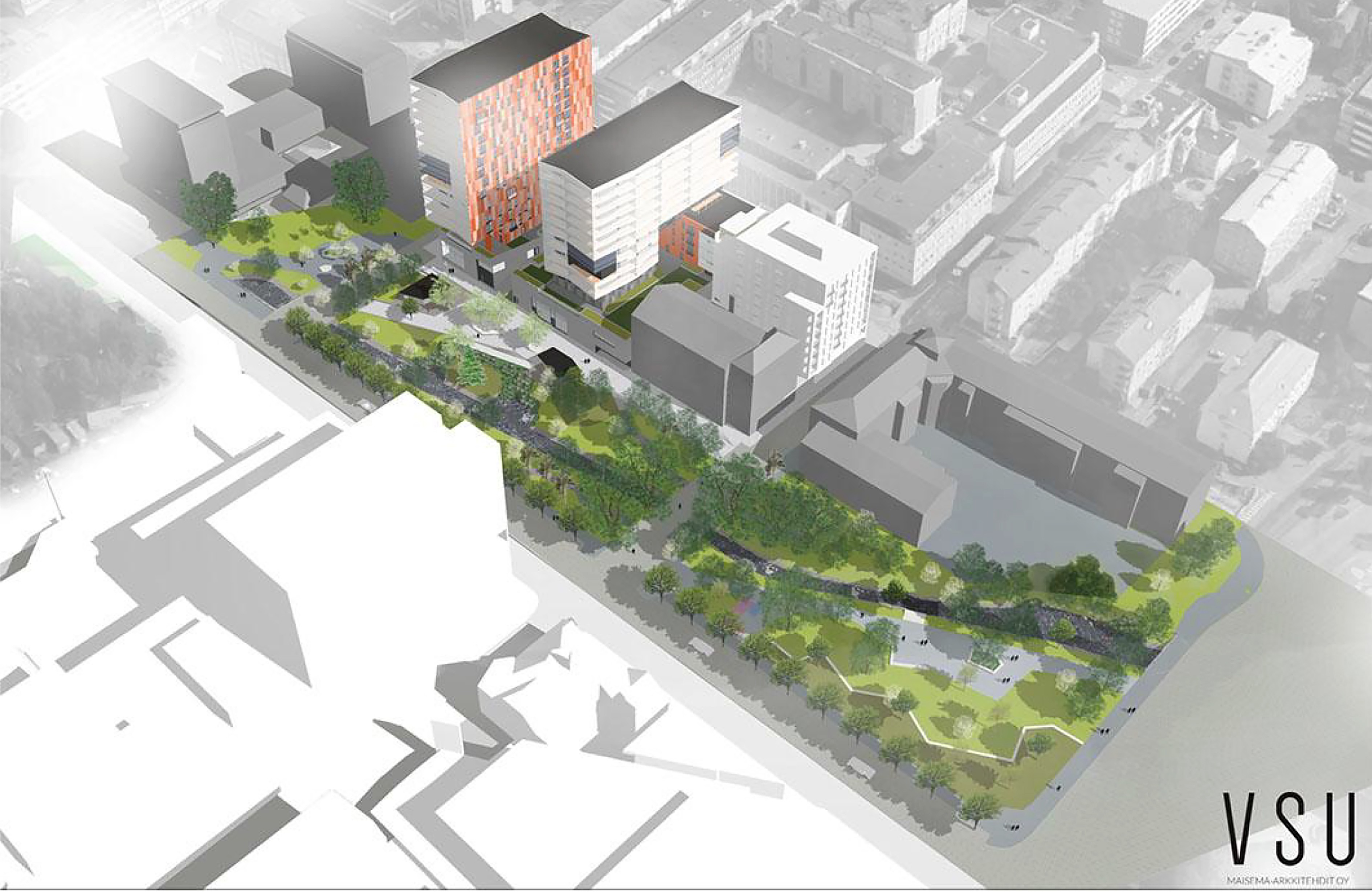 Havainnekuvan mukaan kortteli näyttäisi tulevaisuudessa tältä.