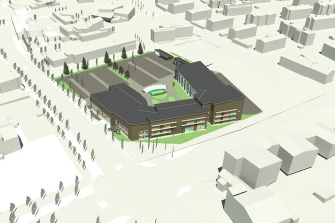 Sedun Kirkkokadun kampuksesta Vapaudentien ja Kirkkokadun risteyksessä tulee pysäköintialueen takana olevan Aalto-keskuksen naapuri. Havainnekuva: Arkkitehti- ja Insinööritoimisto Motiivi Oy