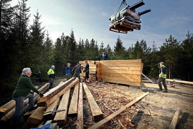 Lepakkolaavusta tulee entistä suurempi ja jykevämpi. Lakeuden elämysliikunnan kökkäporukka kokoontuu kerran viikossa rakentamaan. KUVAT: KARI LÖFHJELM