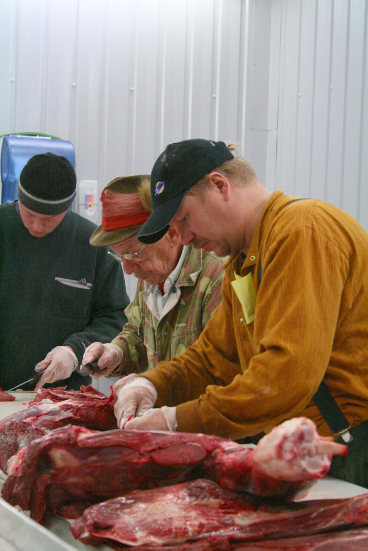 Vuonna 2008 Hailuodon metsästäjien lahtivaja oli ensimmäistä vuotta käytössä. Hirven paloittelussa oli Hirviseurue 6 eli Hulttiot. Kuvassa vasemmalta Juha Piekkola, Kai Lehto ja Petteri Sauvola.
