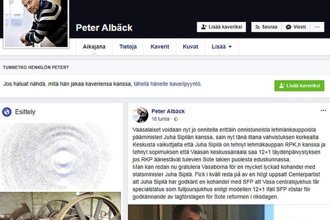Peter Albäck kirjoitti Sipilän ja RKP:n lehmänkaupasta omalla fb-tilillään. Albäck on Centerns svenska distriktin toiminnanjohtaja KUVA: