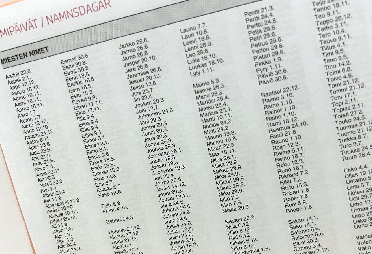 Tilastojen mukaan miesten suosituimmat etunimet Suomessa ovat Juhani, Johannes ja Olavi.
