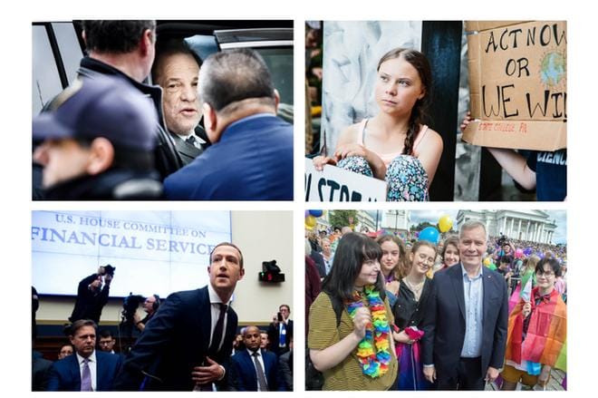 Vuonna 2017 metoo-kampanja alkoi, kun elokuvatuottaja Harvey Weinsteinia (ylhäällä vas.) syytettiin lukuisista ahdistelutapauksista. 2010-luvun loppu muistetaan myös siitä, kuinka ruotsalainen ilmastoaktivisti Greta Thunberg (ylhäällä oik.) inspiroi koululaisten ilmastolakkoja ympäri maailmaa, Facebookin toimitusjohtaja Mark Zuckerberg (alhaalla vas.) joutui todistamaan käyttäjätietoskandaalista ja Antti Rinteestä (sd.) tuli Suomen ensimmäinen pääministeri, joka osallistui Pride-kulkueeseen viime kesänä. Kuva: EPA