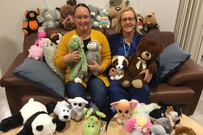 Vaasalainen hyväntekijä Eva-Maria Strömsholm (vasemmalla) luovutti tänä vuonna keräämänsä 904 pehmolelua Vaasan keskussairaalan lastenosastolla työskentelevälle Heli Suomelalle. Pehmolelut jaetaan lastenosaston potilaille tulevan vuoden aikana.